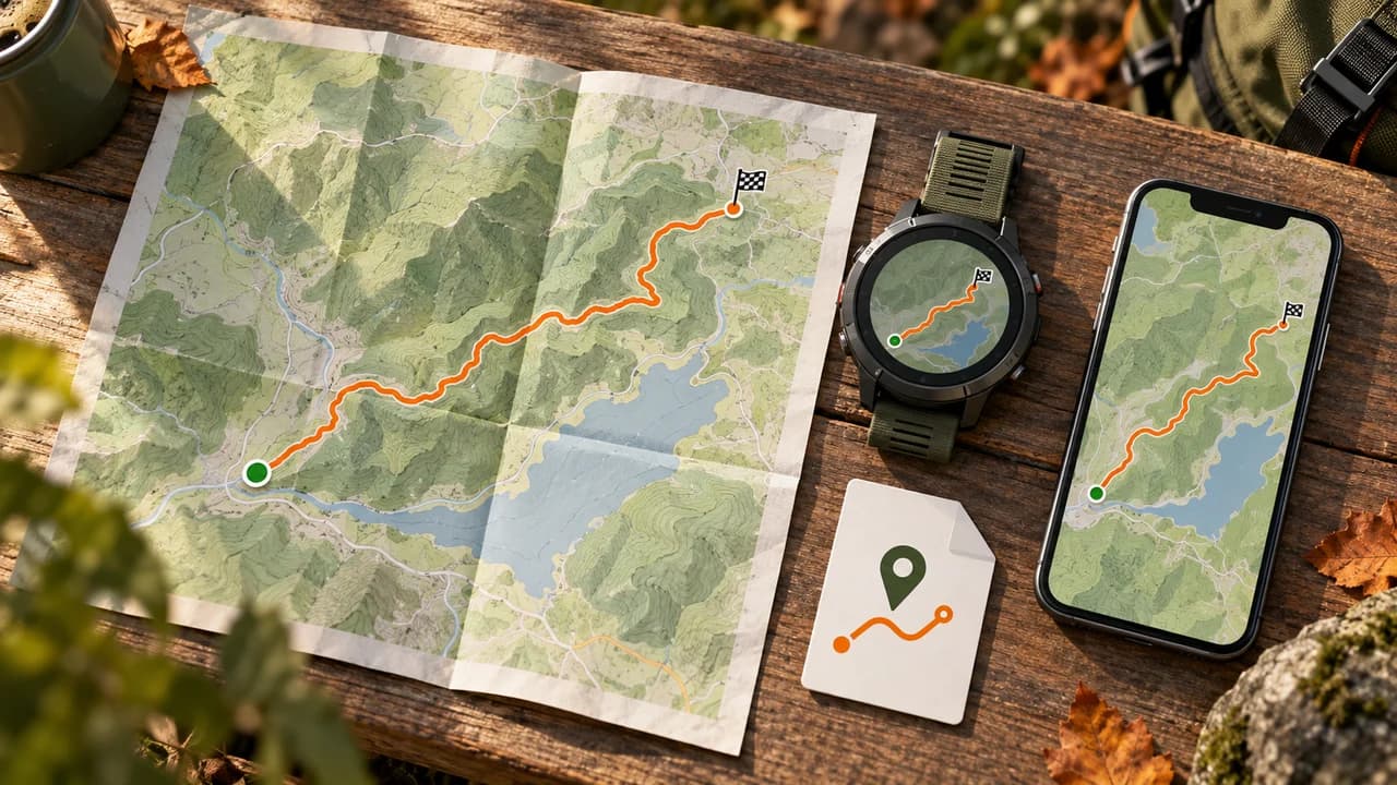 지도와 스마트폰, GPS 시계에 같은 러닝 코스가 표시된 장면