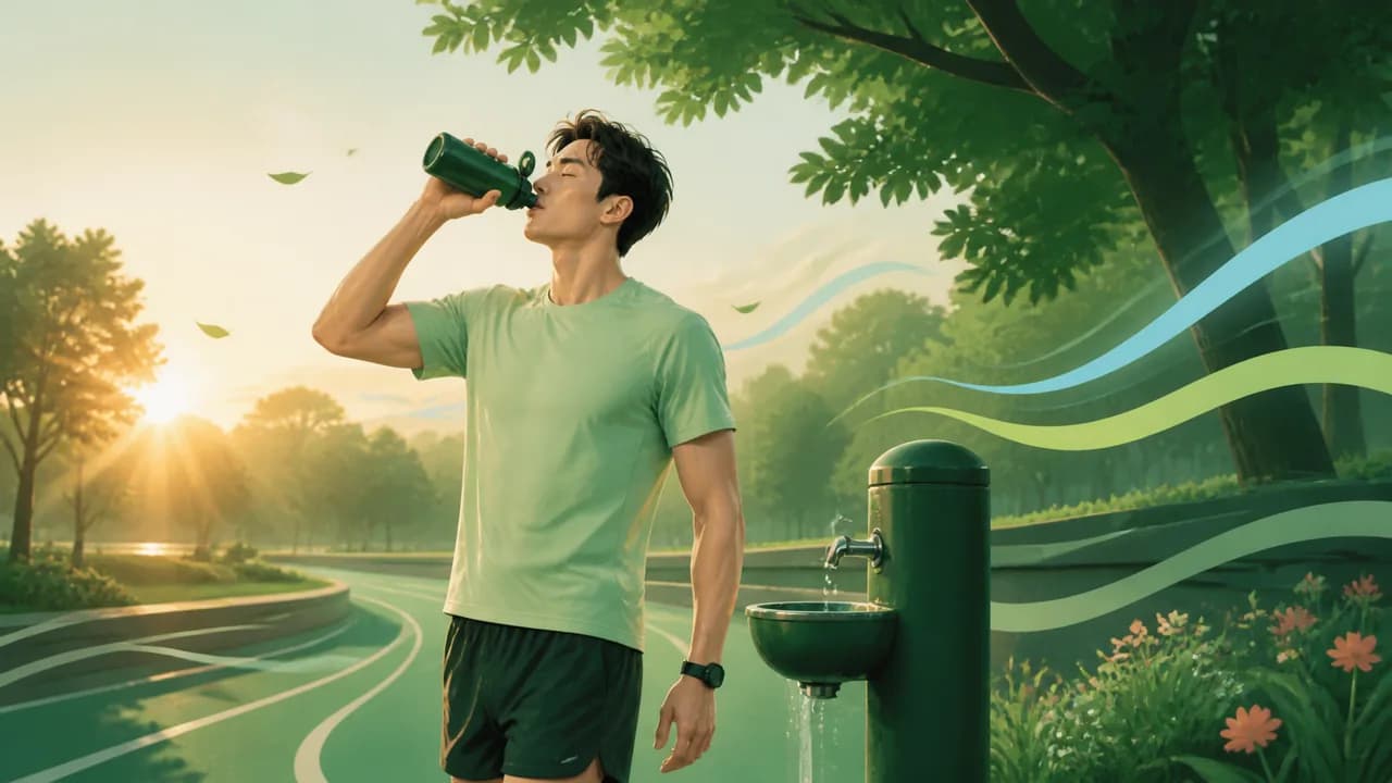 더운 날 그늘에서 물을 마시는 러너