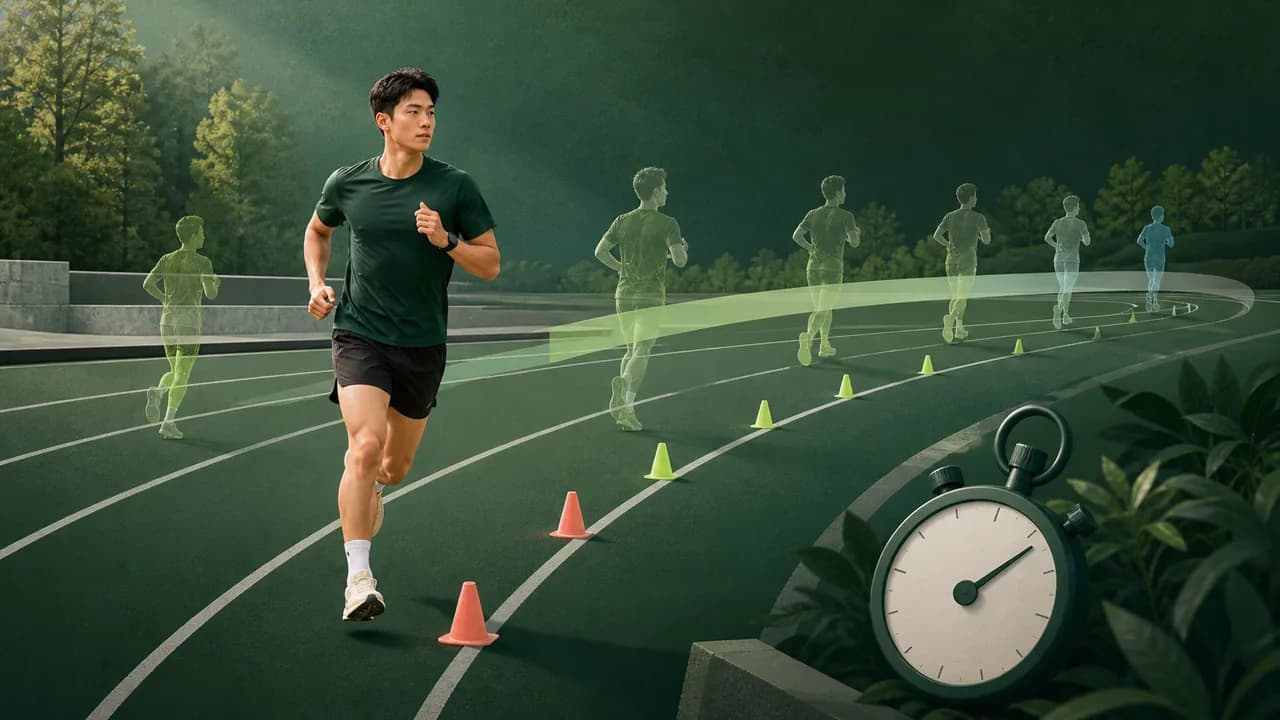 트랙의 콘 구간을 반복해서 달리는 인터벌 훈련 장면