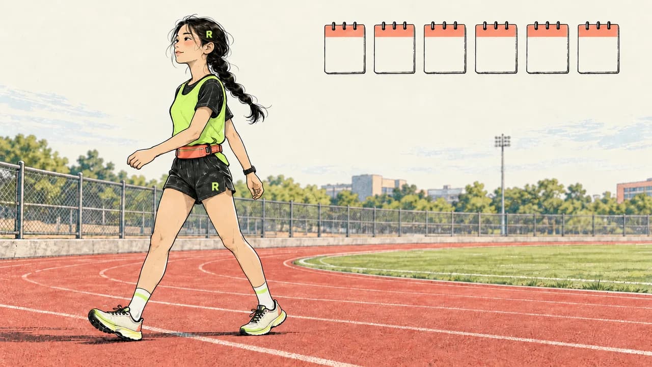 여섯 주의 빈 달력 표시를 배경으로 트랙을 걷는 한 명의 초보 러너