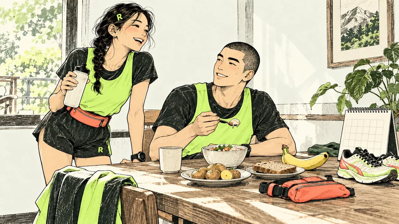 대회 전 휴식 일정과 탄수화물 식품을 준비하는 장면