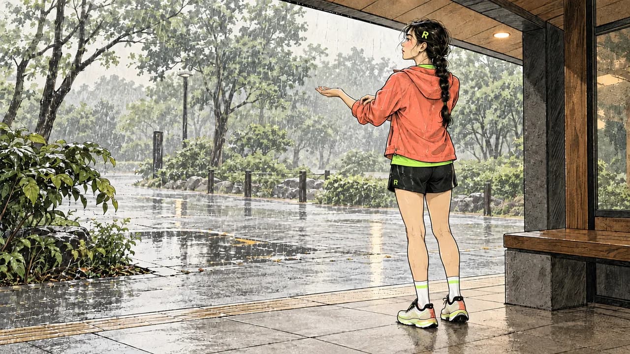 처마 아래에서 손을 내밀어 비의 세기를 살피는 러너