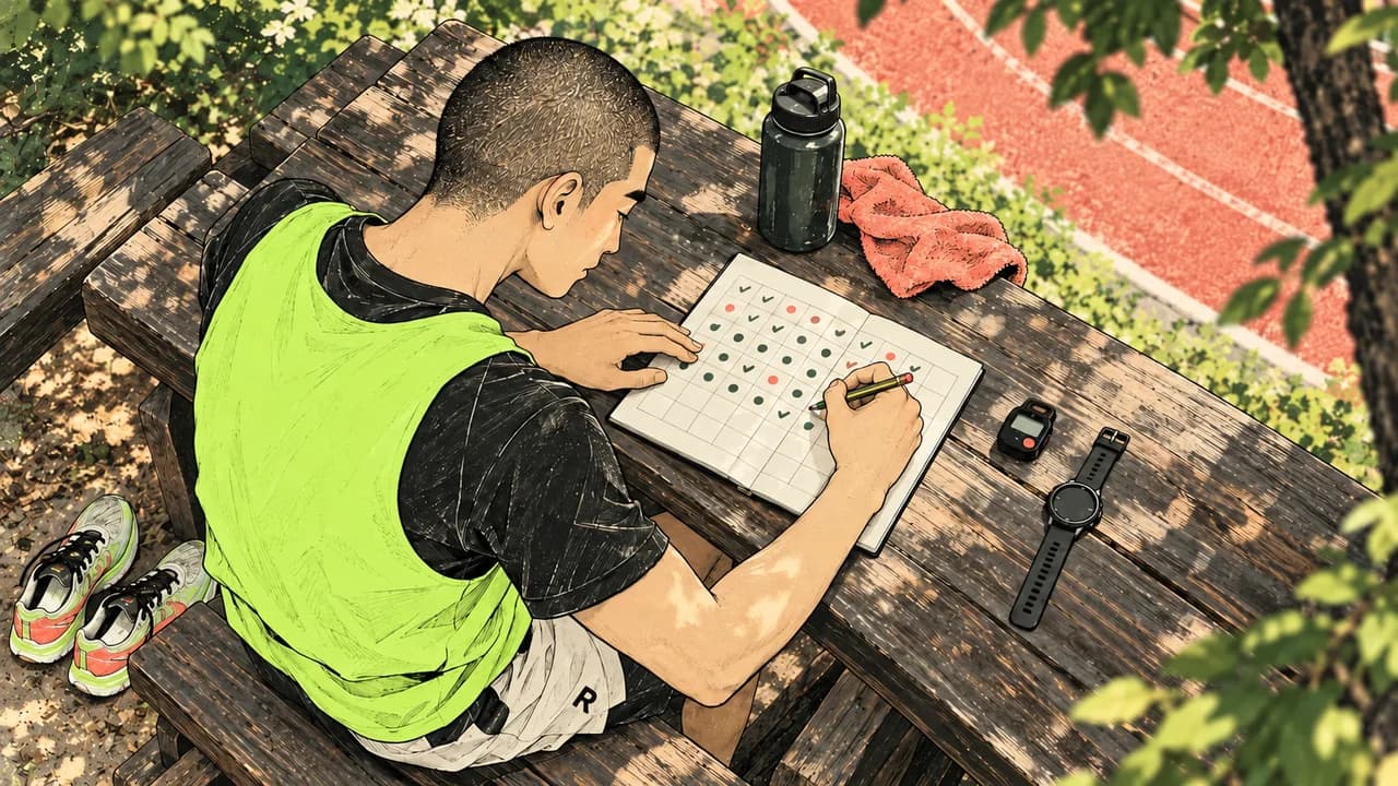 훈련 기록표에 운동 횟수를 기록하는 러너를 위에서 본 장면