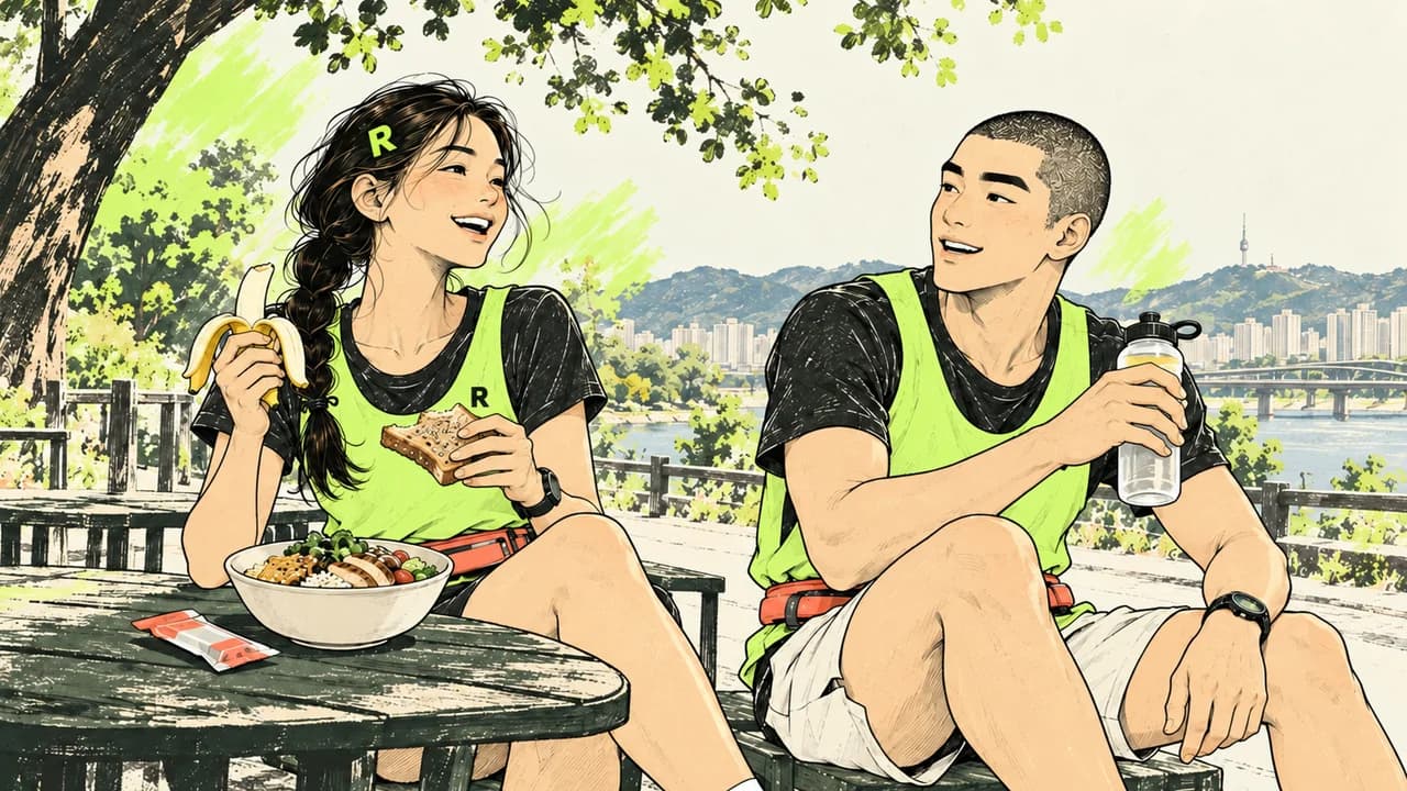 러닝 전 간단한 식사, 장거리 중 에너지 젤, 러닝 후 회복식을 준비하는 러너