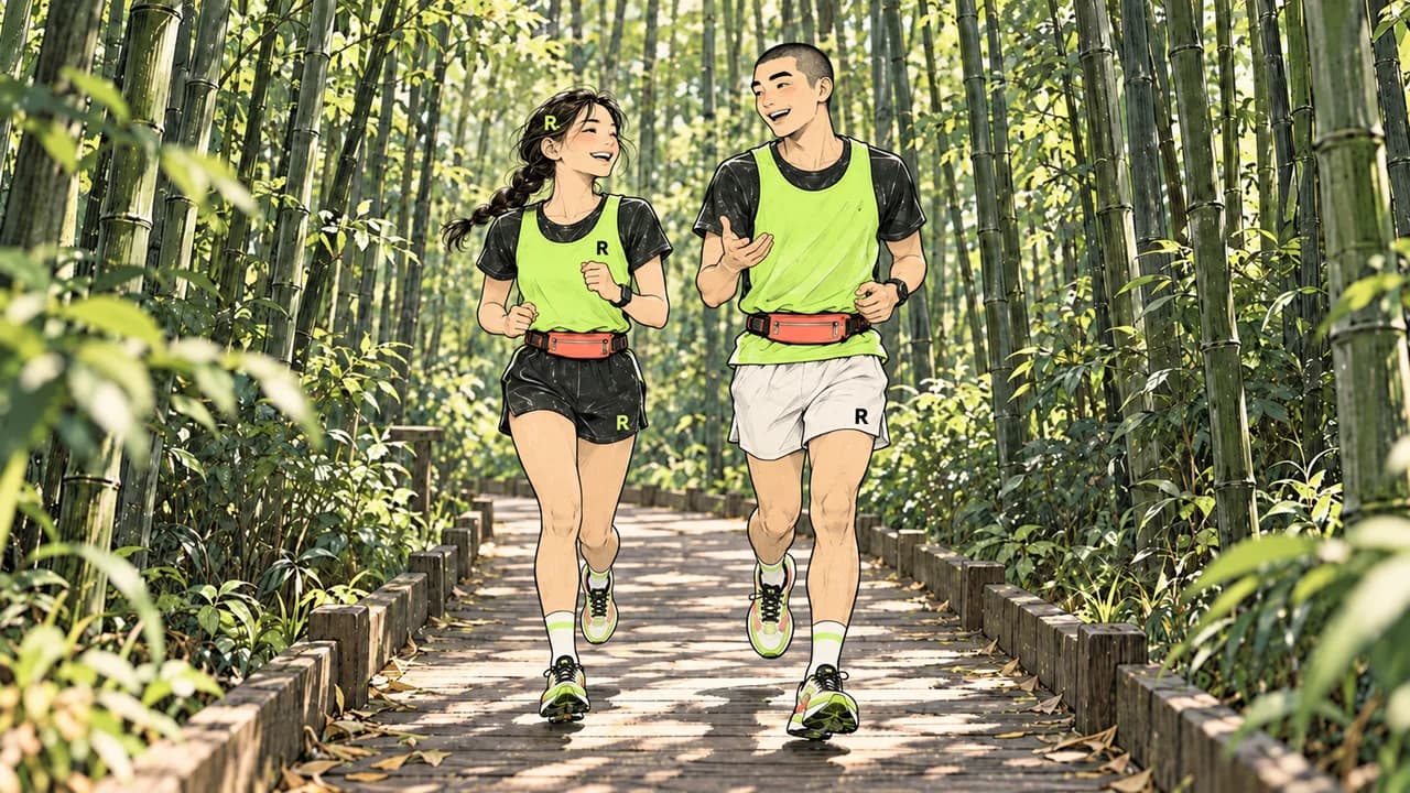 숲속 산책로에서 대화하며 정면으로 천천히 다가오는 두 러너