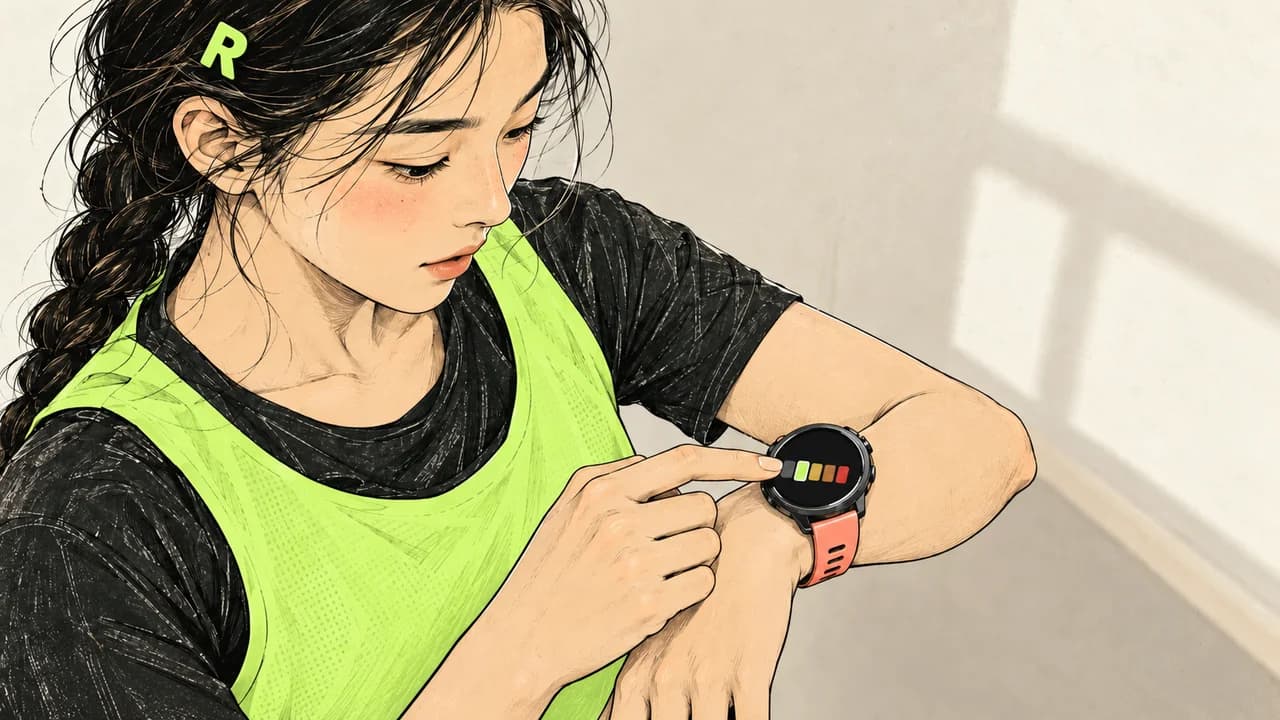 스마트워치의 심박수 구간을 손가락으로 조절하는 러너의 손목과 옆얼굴