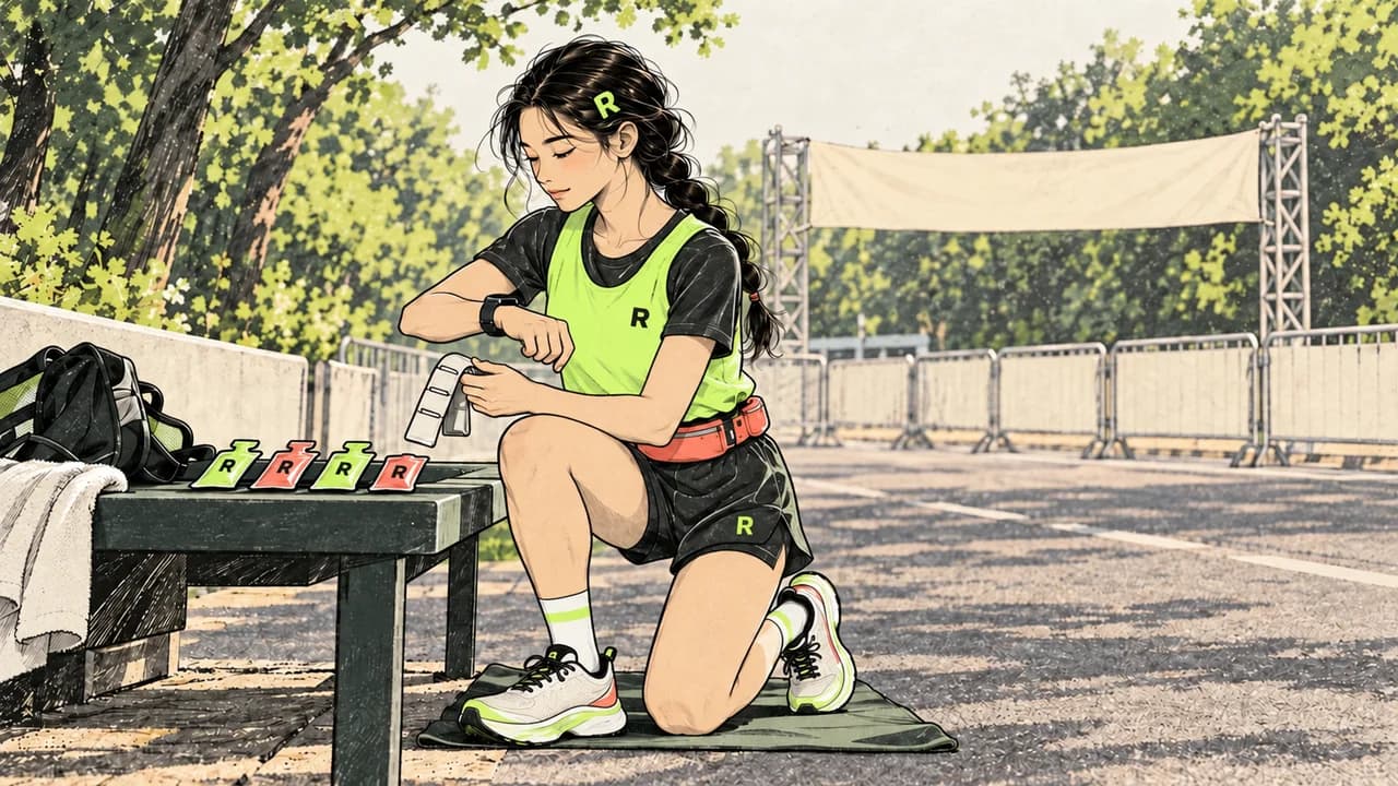 벤치 옆에서 젤과 페이스 밴드, 시계를 챙기며 마라톤 전략을 준비하는 러너