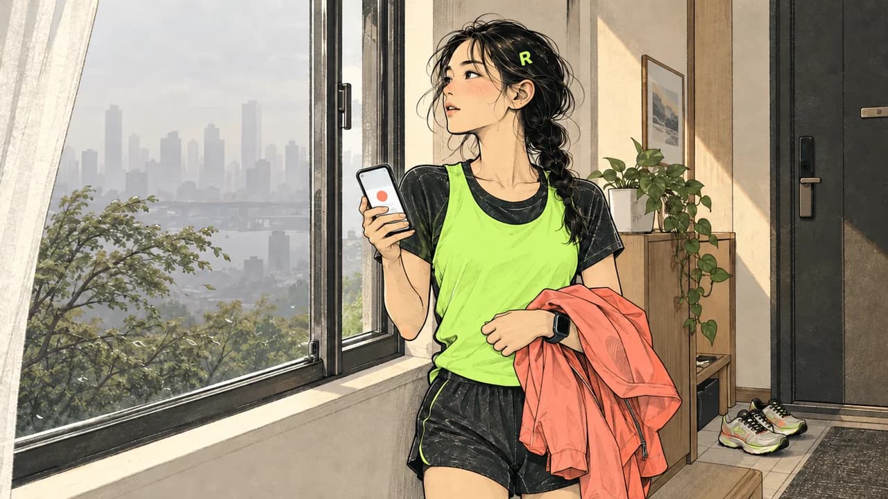 창밖의 흐린 대기와 휴대전화를 확인하며 야외 러닝 여부를 판단하는 러너