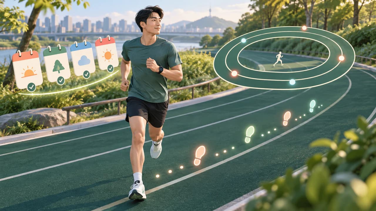 러닝 트랙에서 운동 횟수와 랩, 발걸음 리듬을 기록하며 달리는 러너