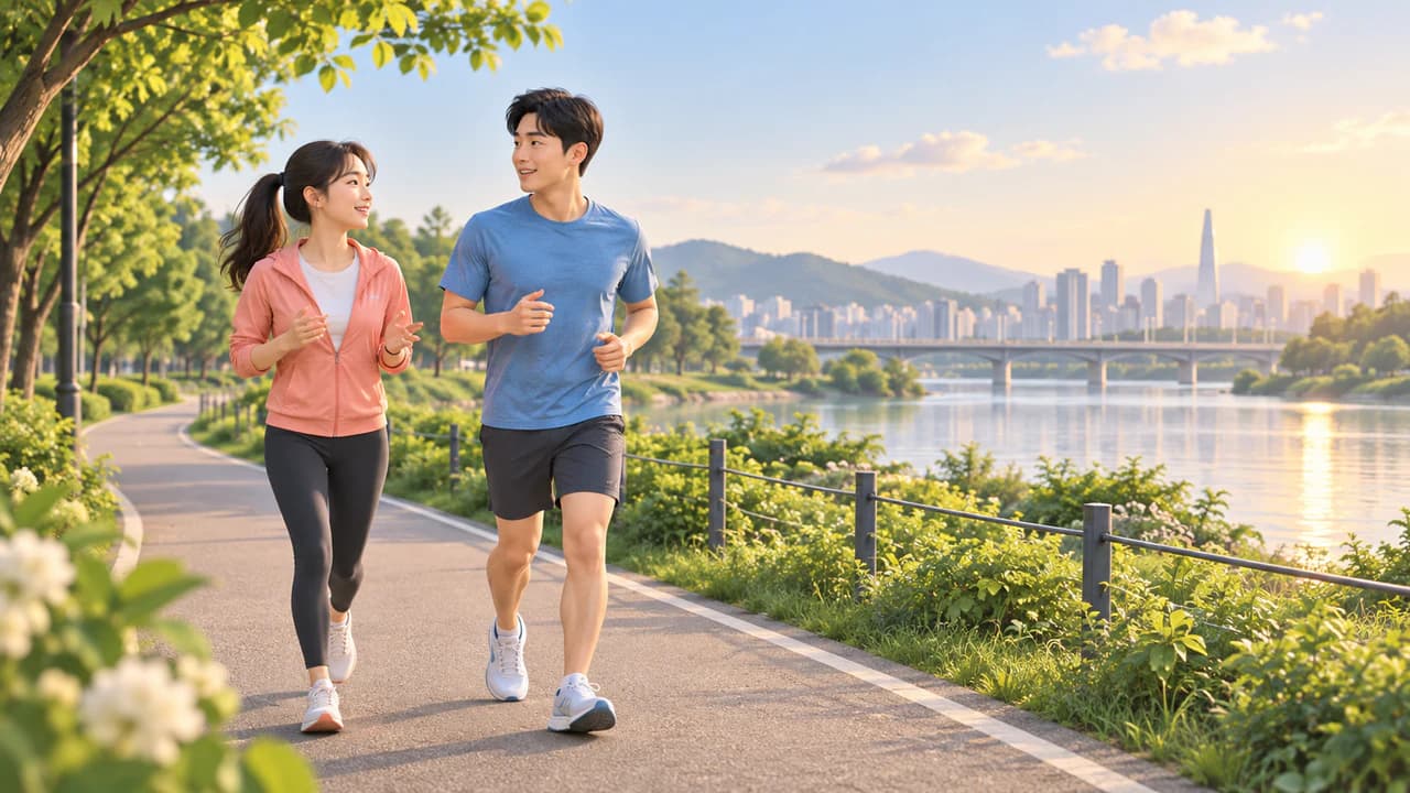아침 강변 산책로에서 대화하며 천천히 달리는 두 명의 러너